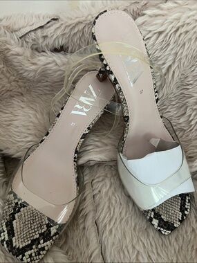 Zara Clear-Strap White & Snake-Print Mule Sandals